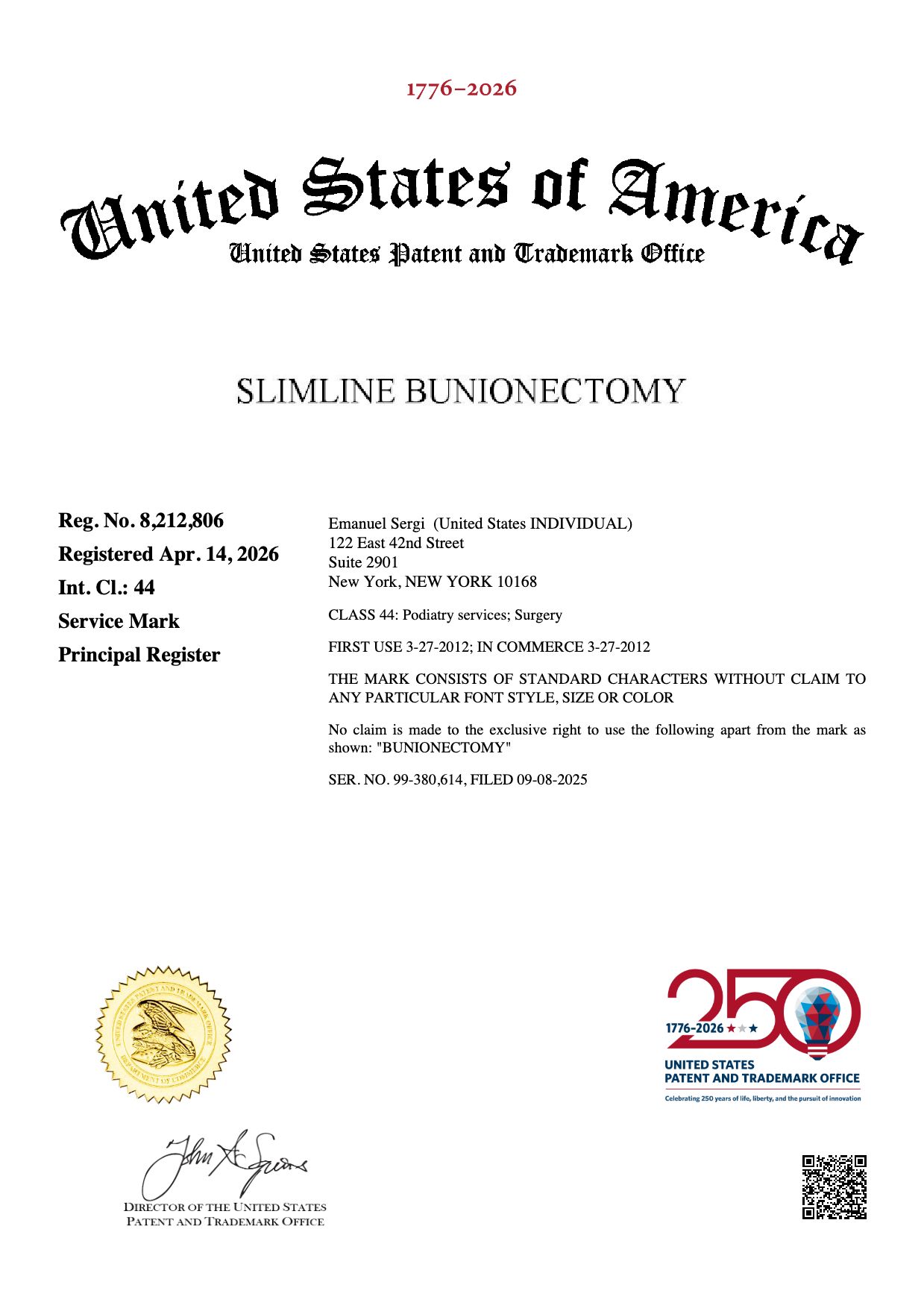 SLIMLINE BUNIONECTOMY.registration certificate